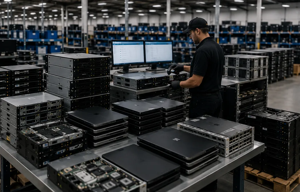 Retired devices being inventoried, tested, and graded at the processing facility