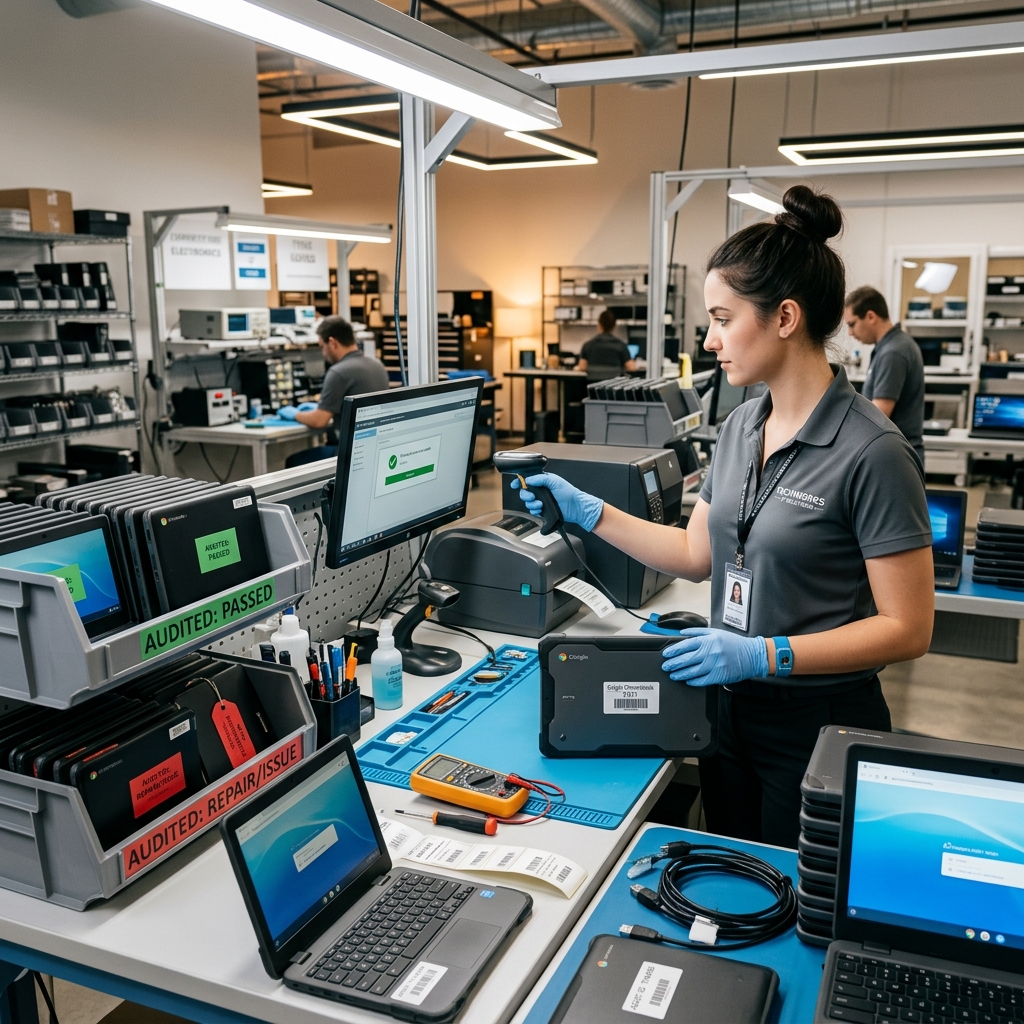 Rugged Chromebooks being audited and sorted at a testing workstation