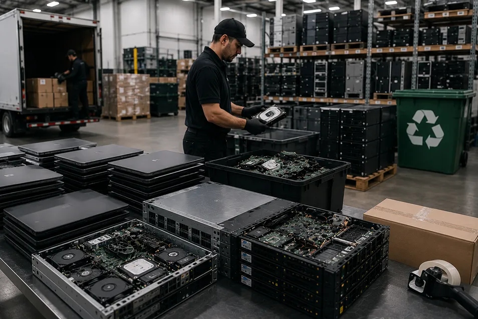 IT equipment staged for lifecycle management and asset disposition
