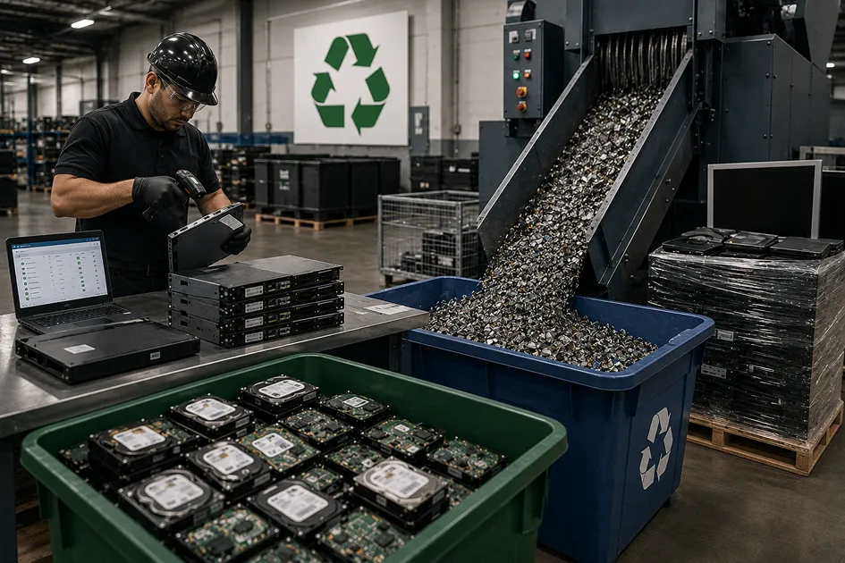 Recovered IT components and end-of-life equipment staged for certified recycling