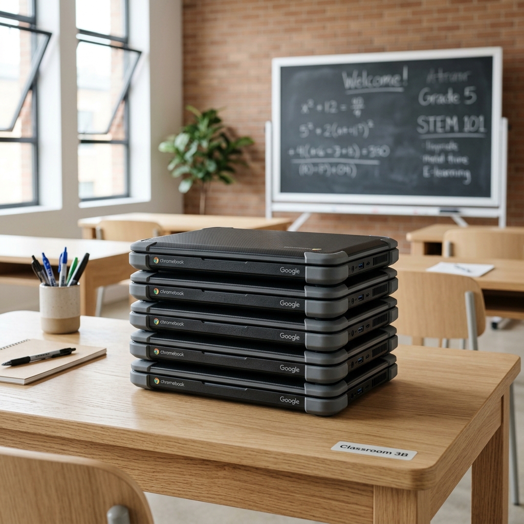 Stack of Chromebook laptops