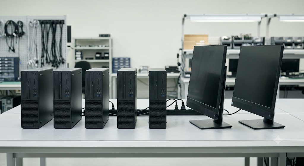 Refurbished business desktop towers and all-in-one PCs in a processing facility