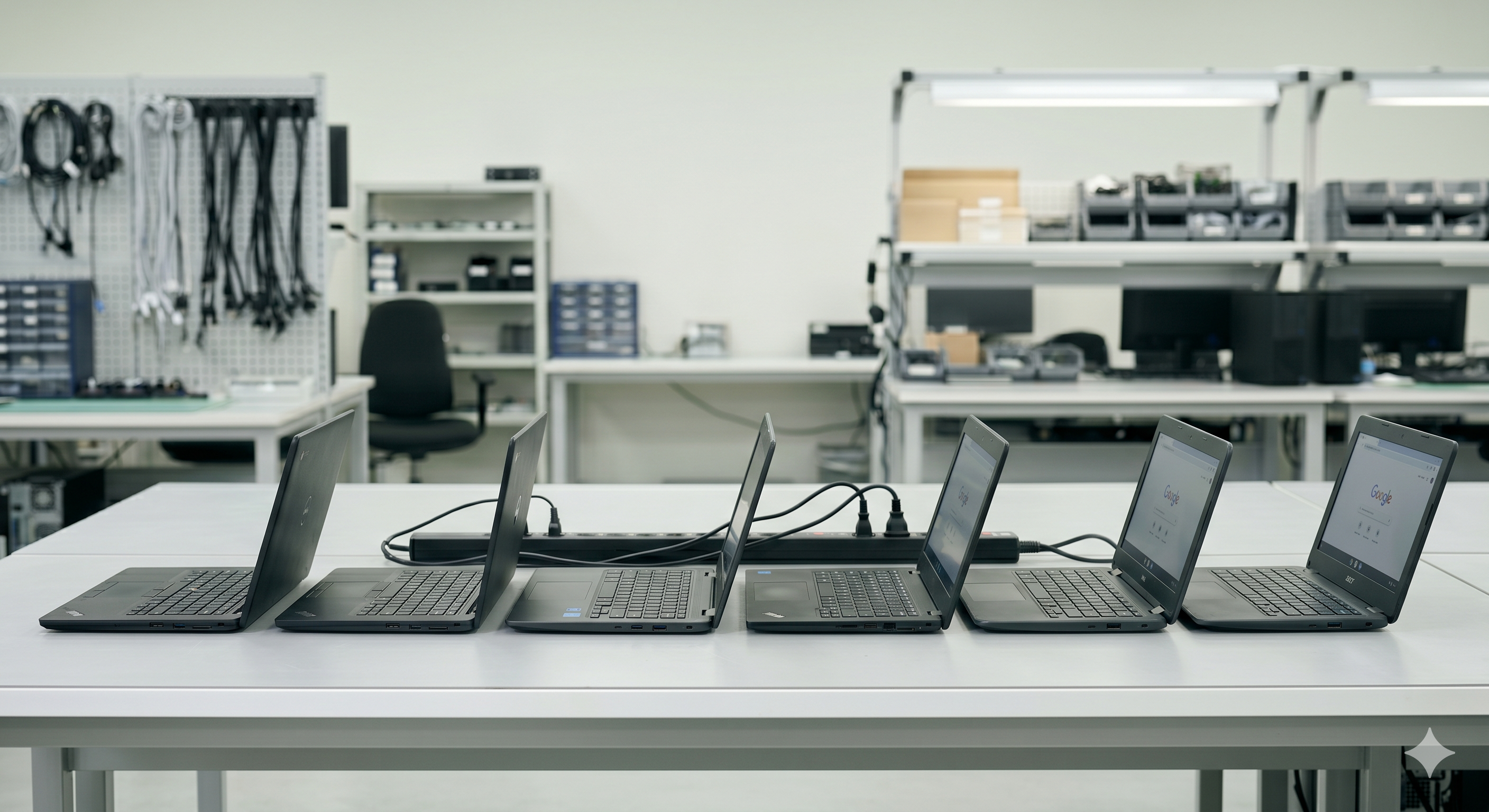 Stacked IT hardware including laptops, CPUs, and enterprise equipment