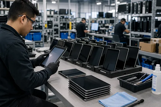 Refurbished iPads, Android tablets, and smartphones fanned out on a clean surface