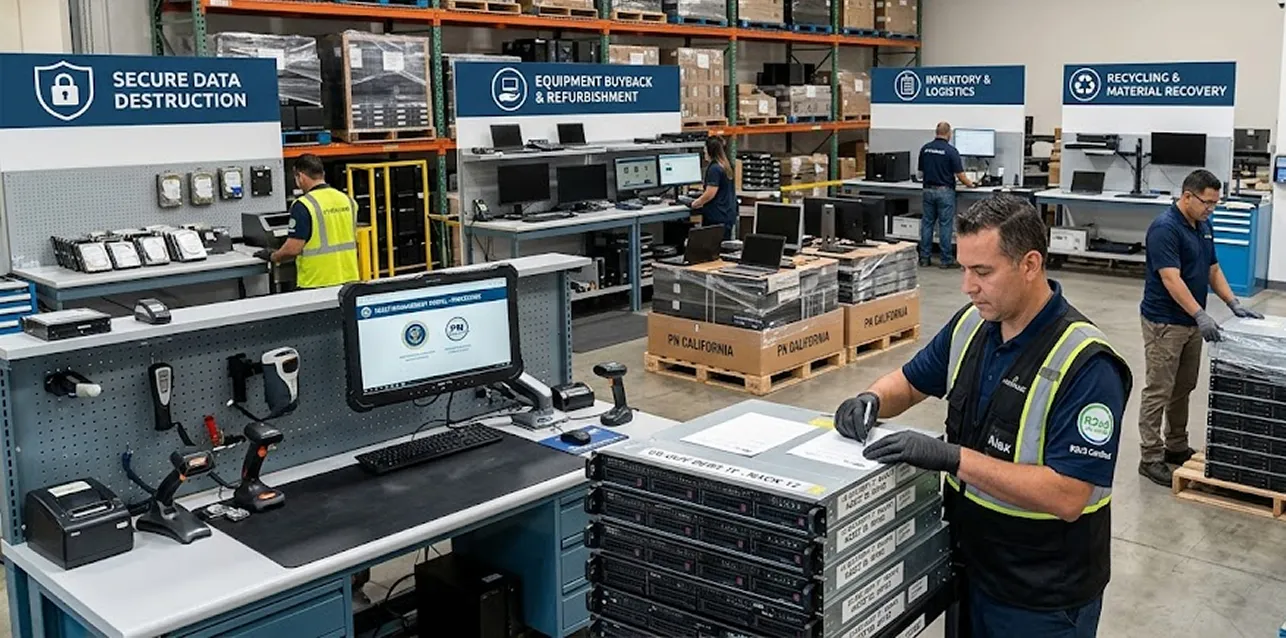 Government surplus IT equipment staged for compliant disposition and buyback