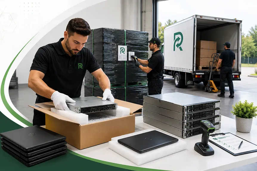 IT equipment inventoried and palletized for secure white glove pickup