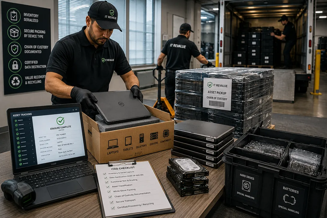On-site crew inventorying and packing IT equipment by serial number