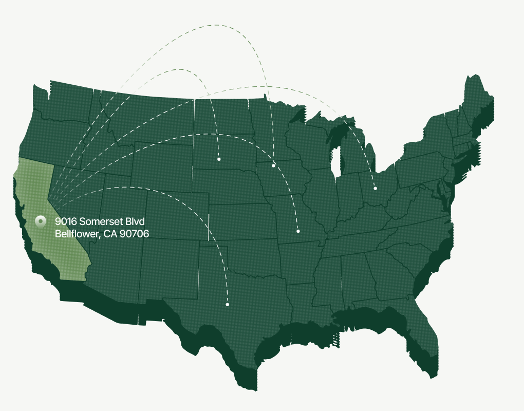 Isometric map of the continental United States with inbound shipping routes converging on the Bellflower, California facility